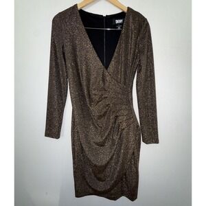 DKNY Women's V-Neck Metallic Black Gold Cocktail‎ Dress Size 4 Long Sleeve NYE